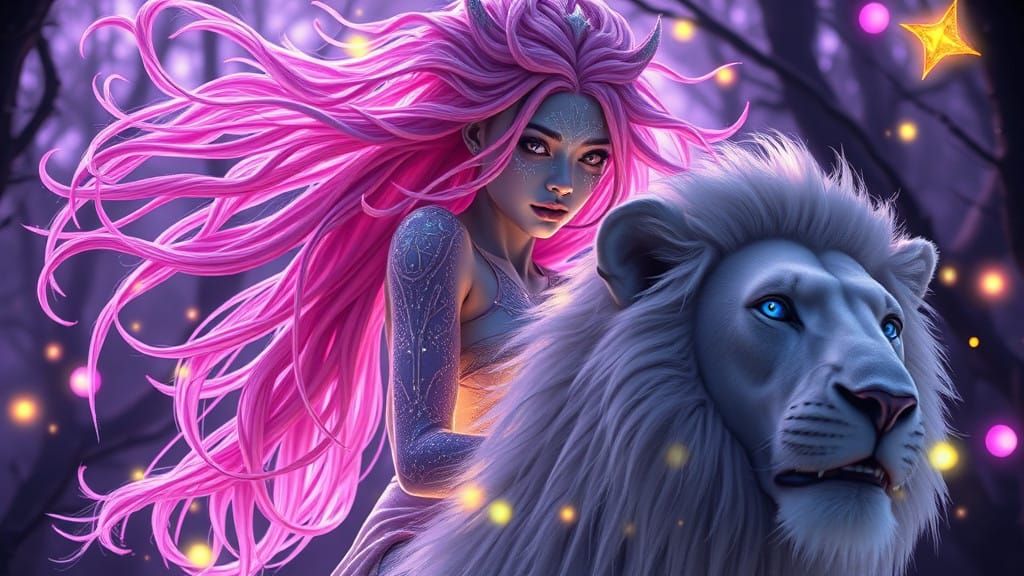 Surreal Alien Princess Rides Majestic Lion in Cosmic Forest