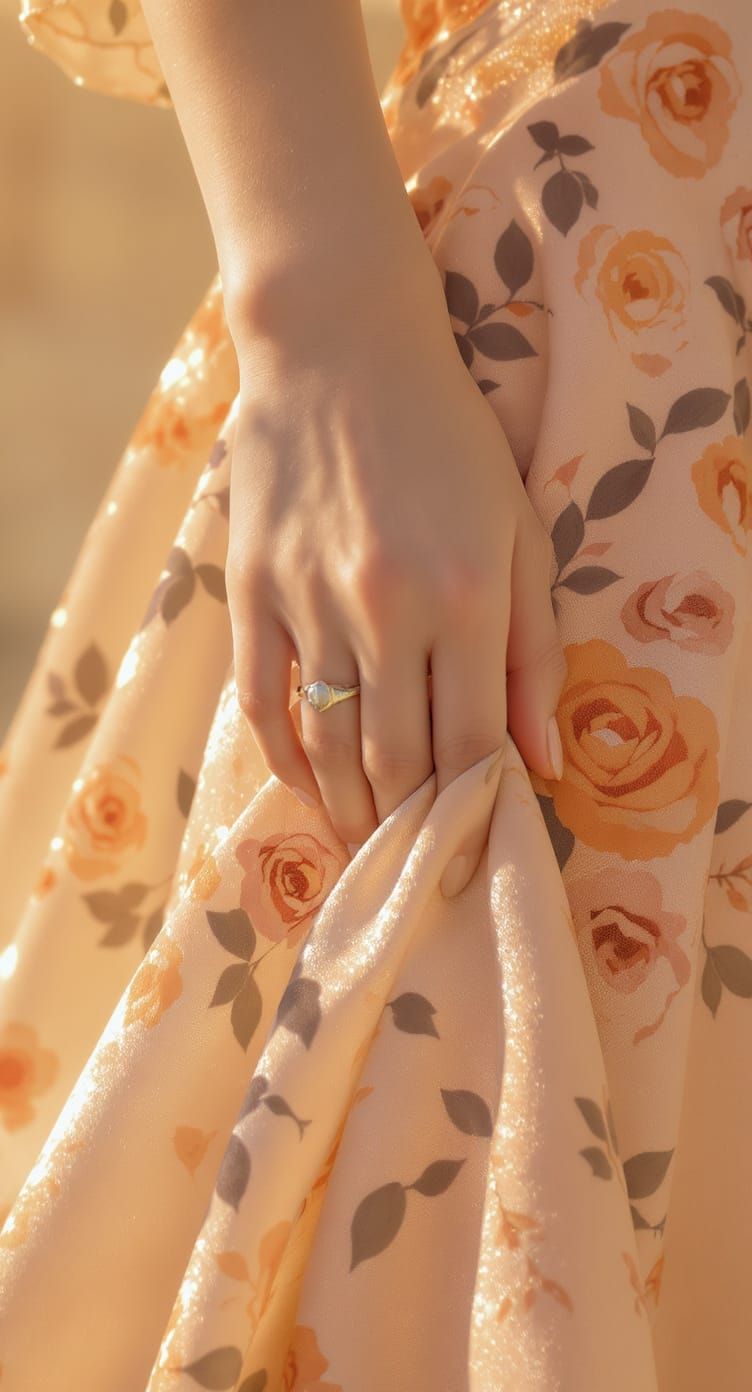 Elegant Woman's Hand Gathers Floral Dress in Sunlight