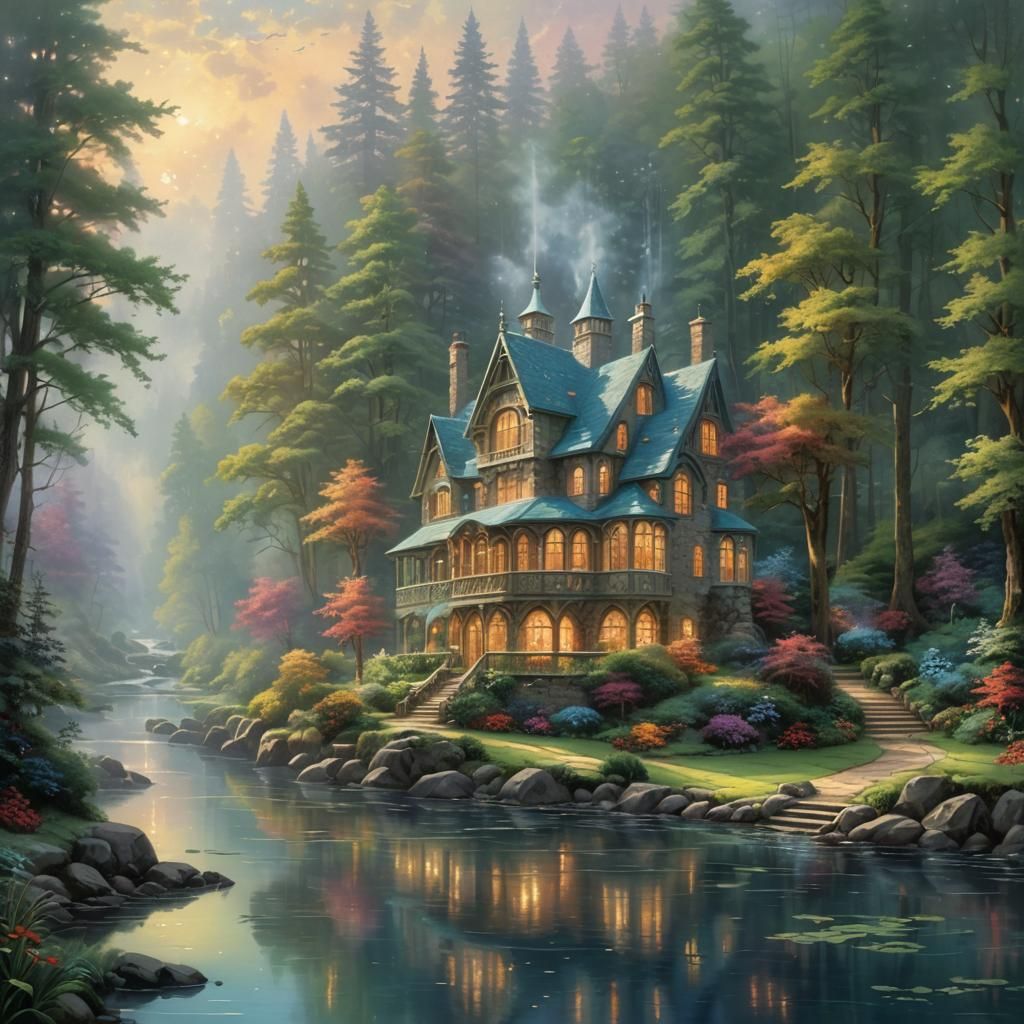 Glass Mansion in Ethereal Forest Landscape