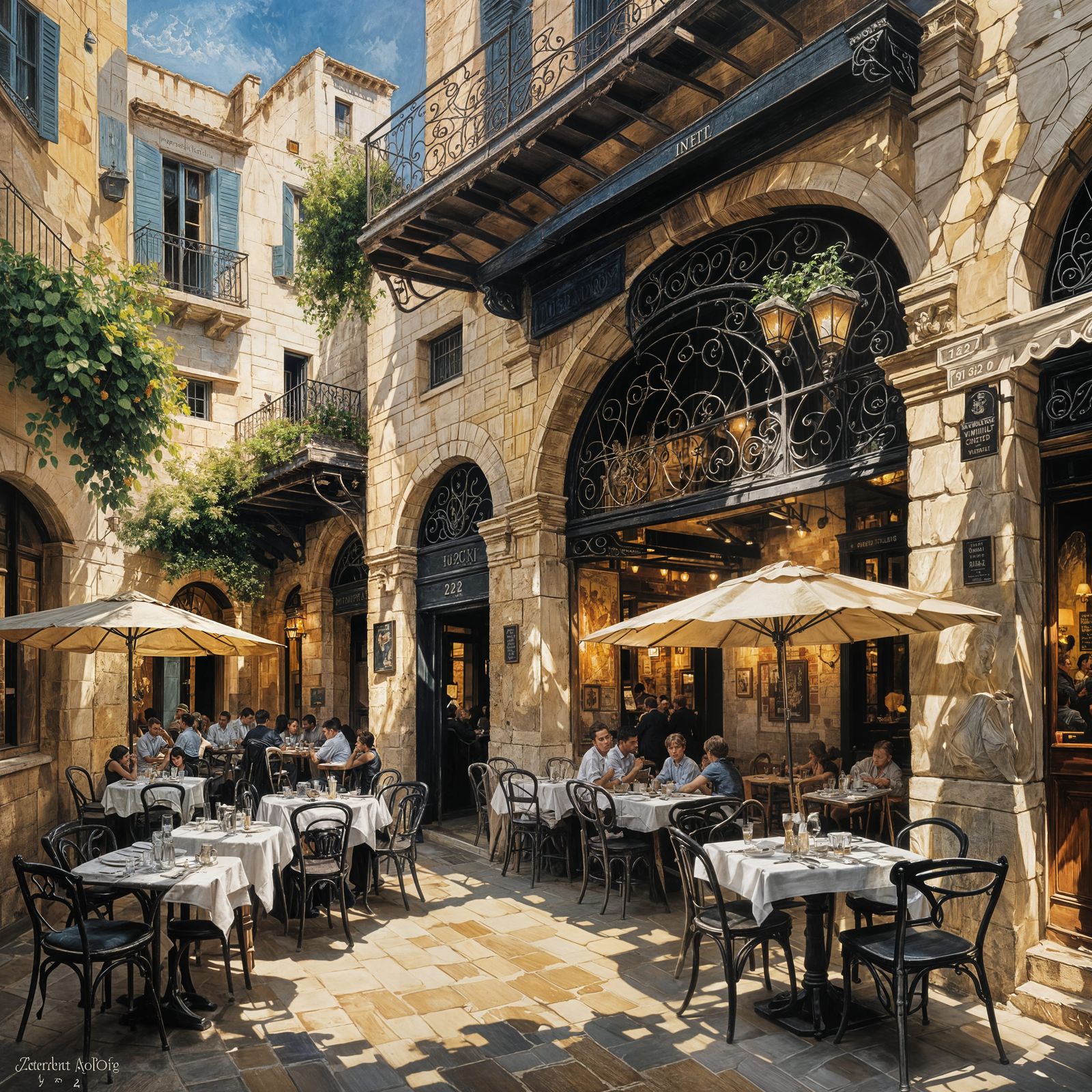 Greek Cafe in Impressionist Oil Painting Style