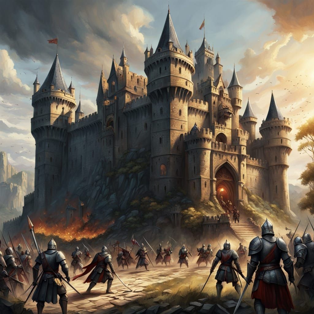 Medieval Fantasy Battle Scene in Vibrant Oil Painting Style