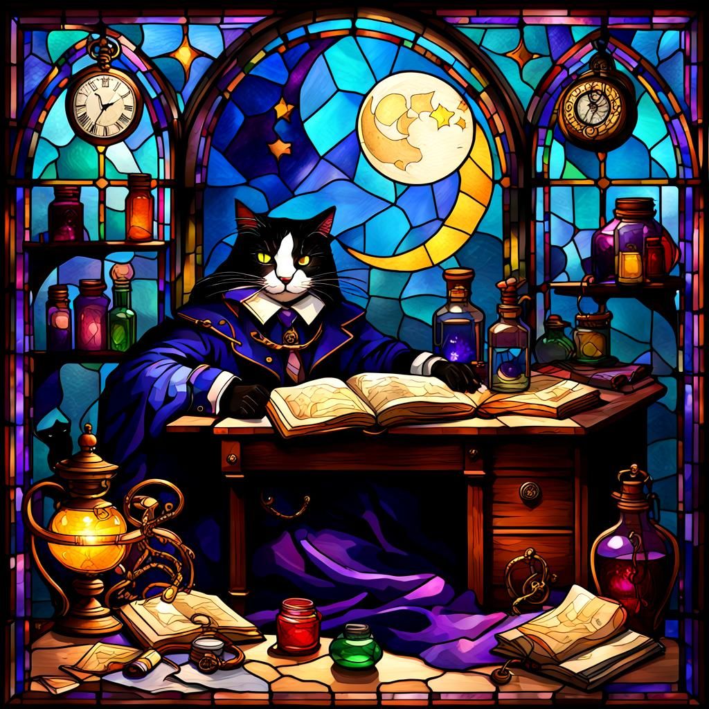 Stained Glass Cat Nap Under Crescent Moon
