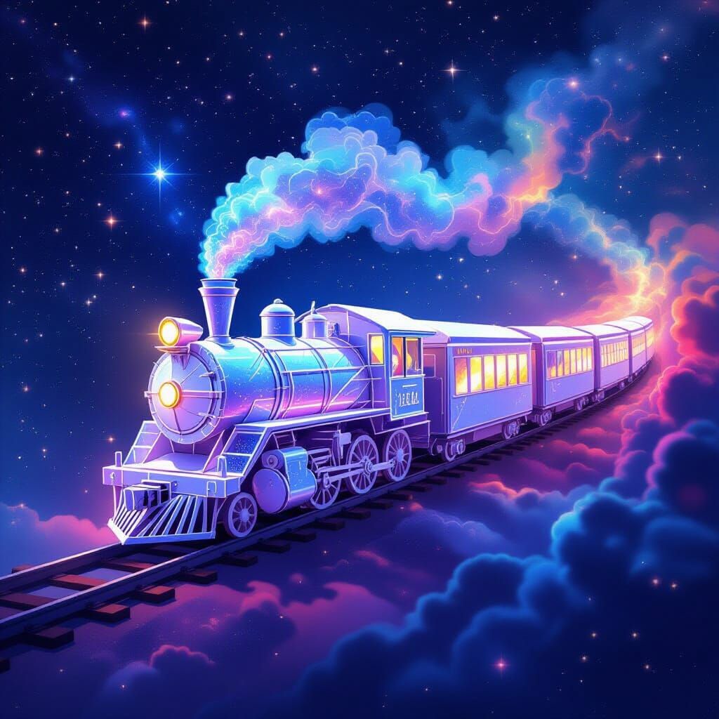 Glass Origami Train Through Cosmic Nebula