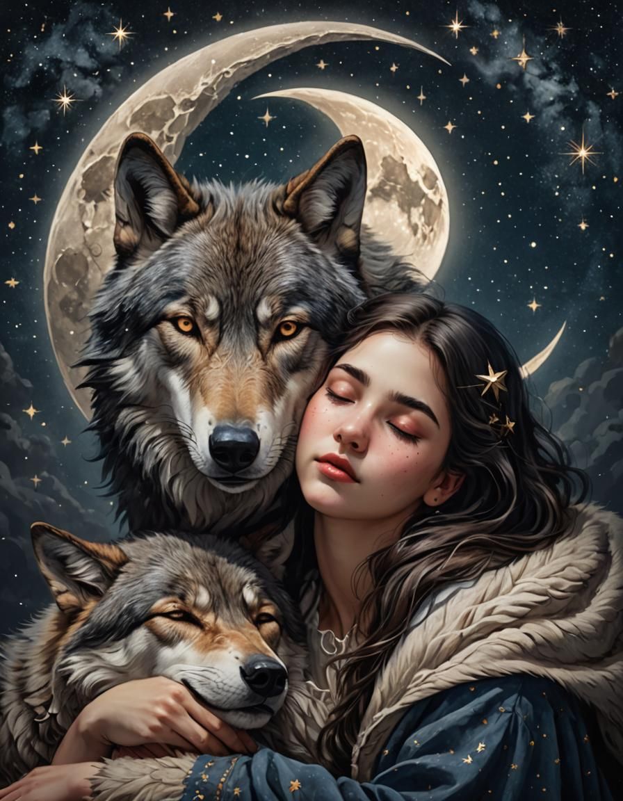 Girl and Wolf Dream Under Starry Moon