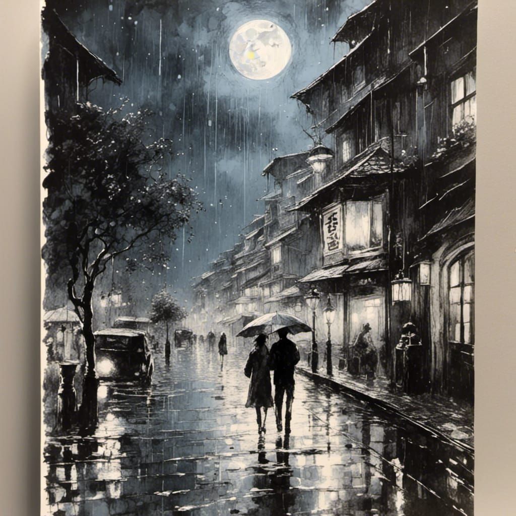 Couple Walks in the Rain: Monochromatic Ink Drawing