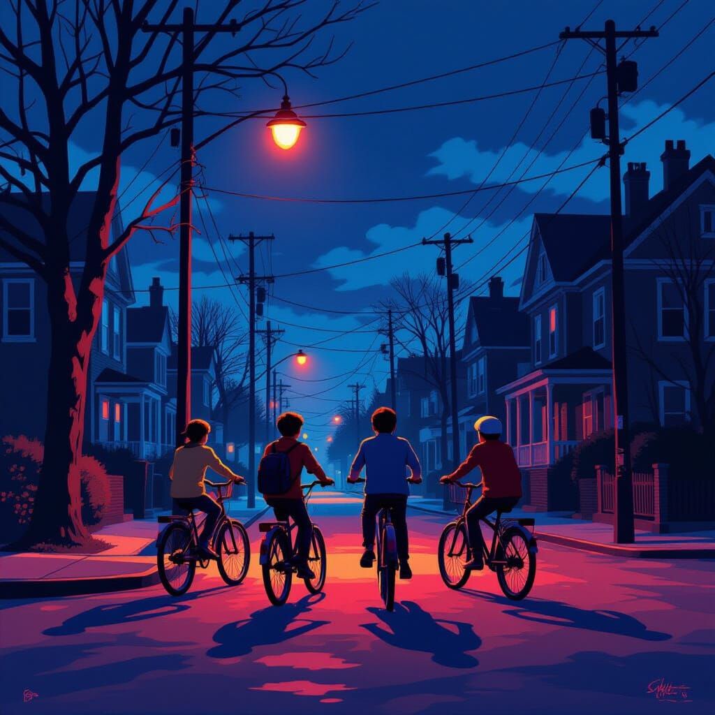 80s Kids on Bikes at Dusk in Neon Glow