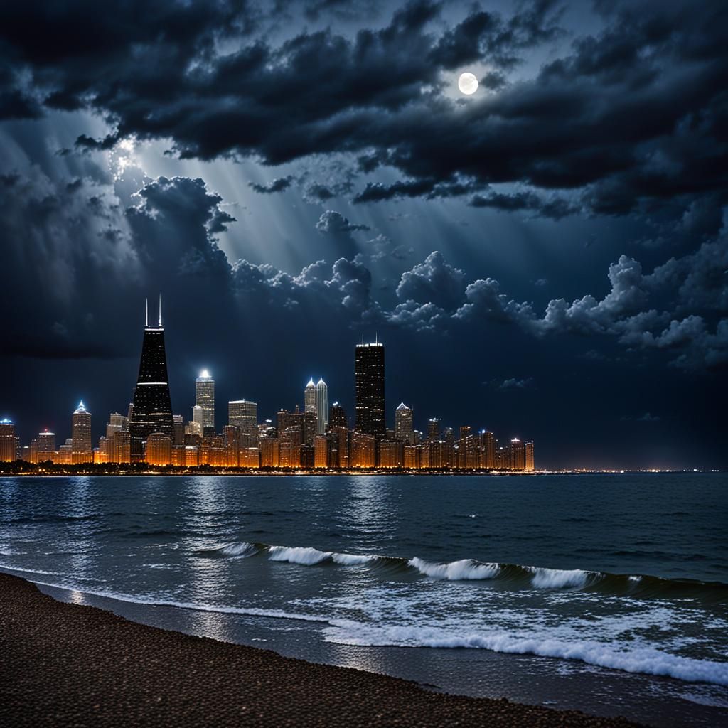 Chicago Skyline Nightscape Under Stormy Skies