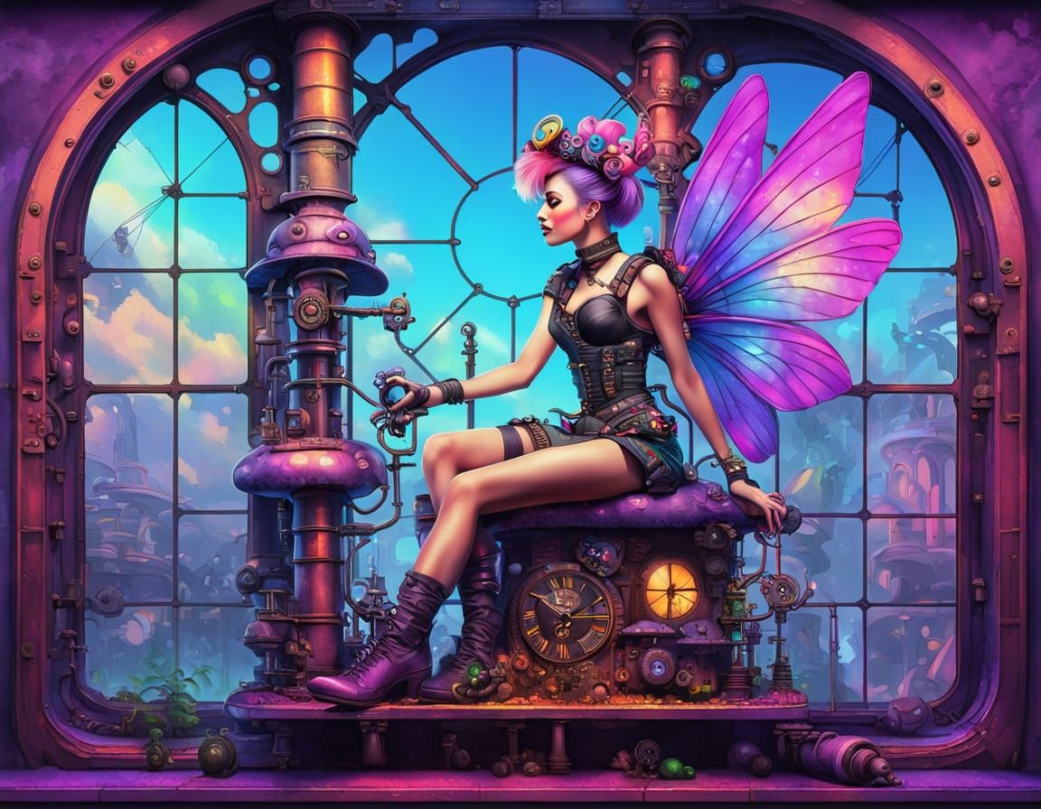 Synthwave Fairy on Mushroom in Steampunk Building