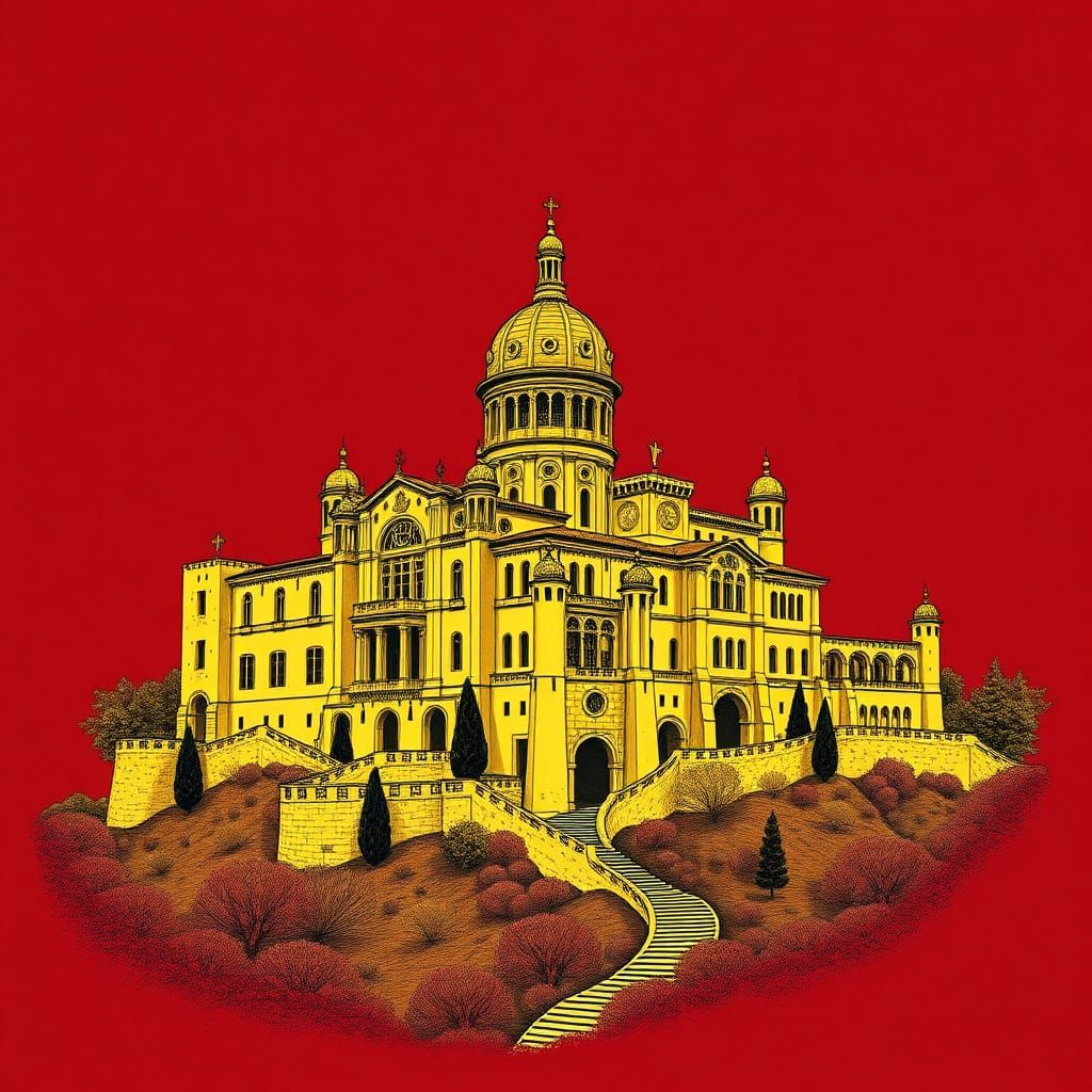 Art Nouveau Castle in Gold and Crimson