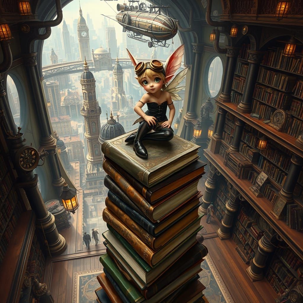 Steampunk Pixie in Grand Library, Hyperrealistic Detail