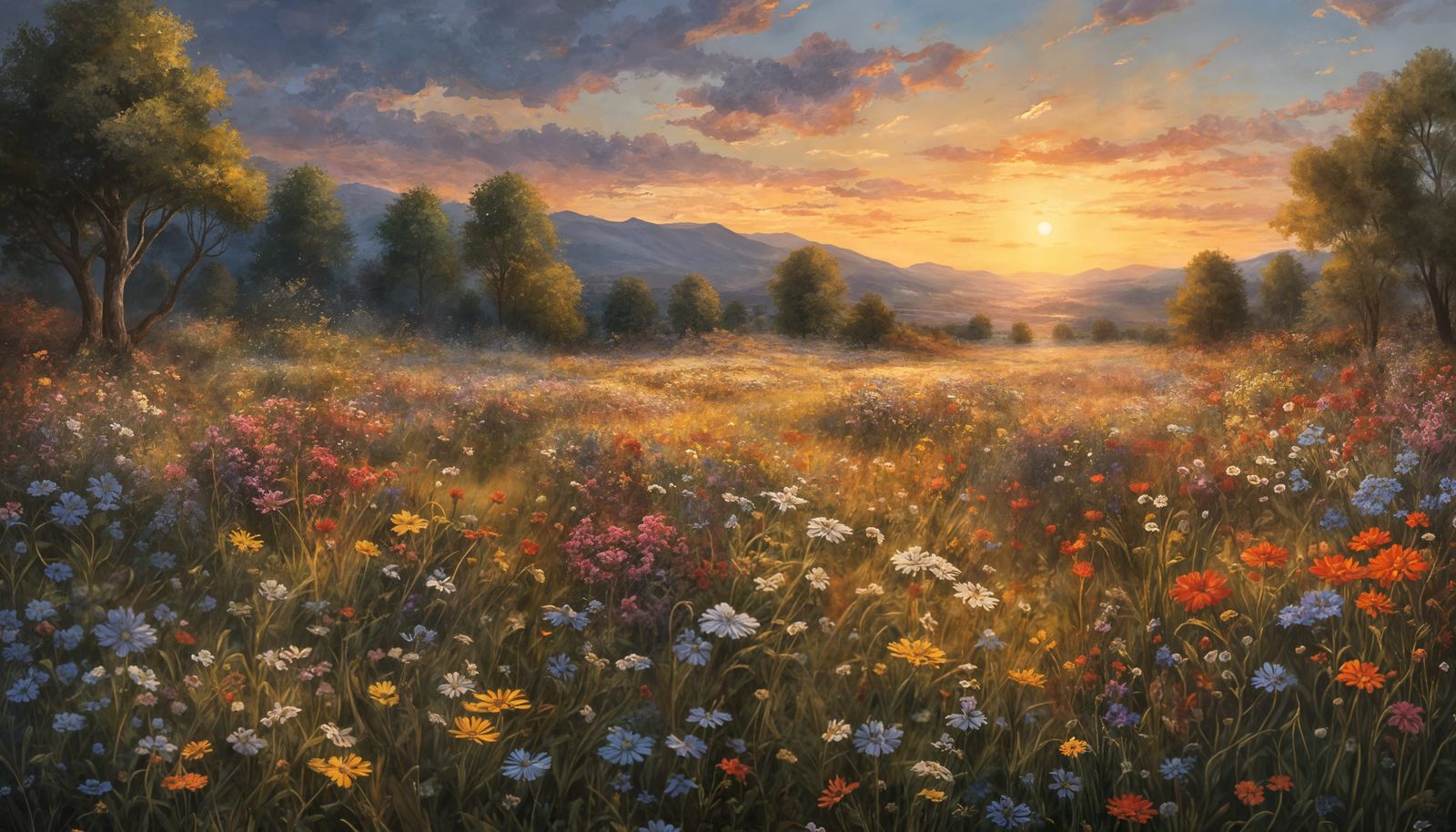 Vibrant Wildflower Meadow in Sunset Glow