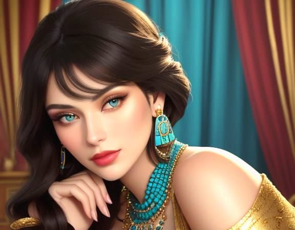 Elegant Woman with Turquoise Jewelry, Oil Portrait