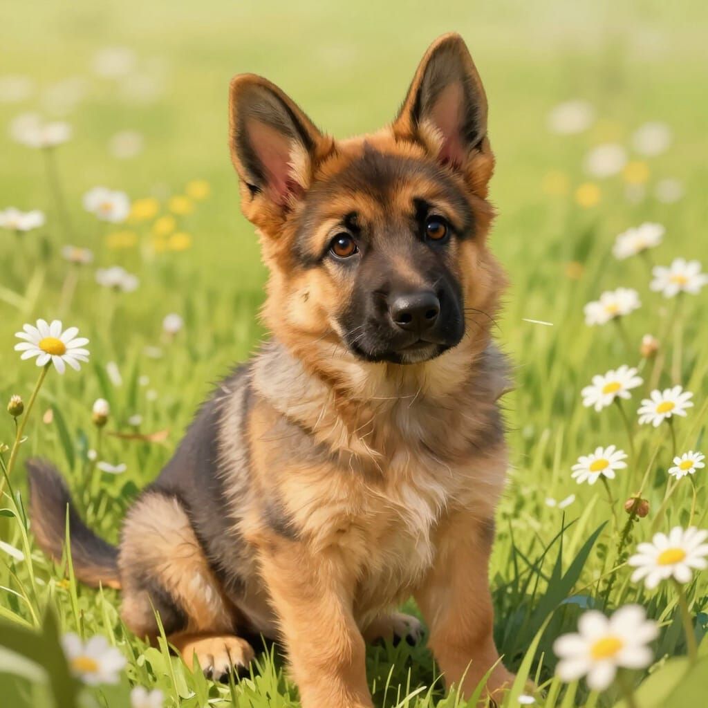 Cute German Shepherd Puppy in Sun-Drenched Meadow Digital Ar...