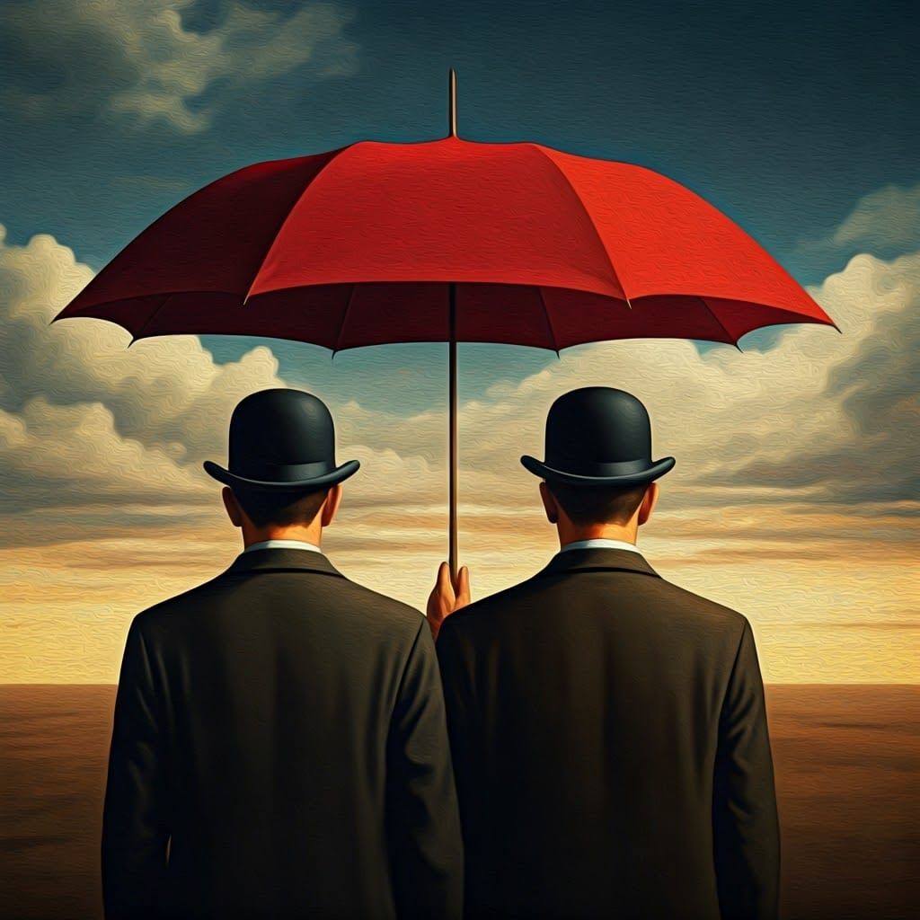 Two Men Stroll Under Surreal Umbrellas