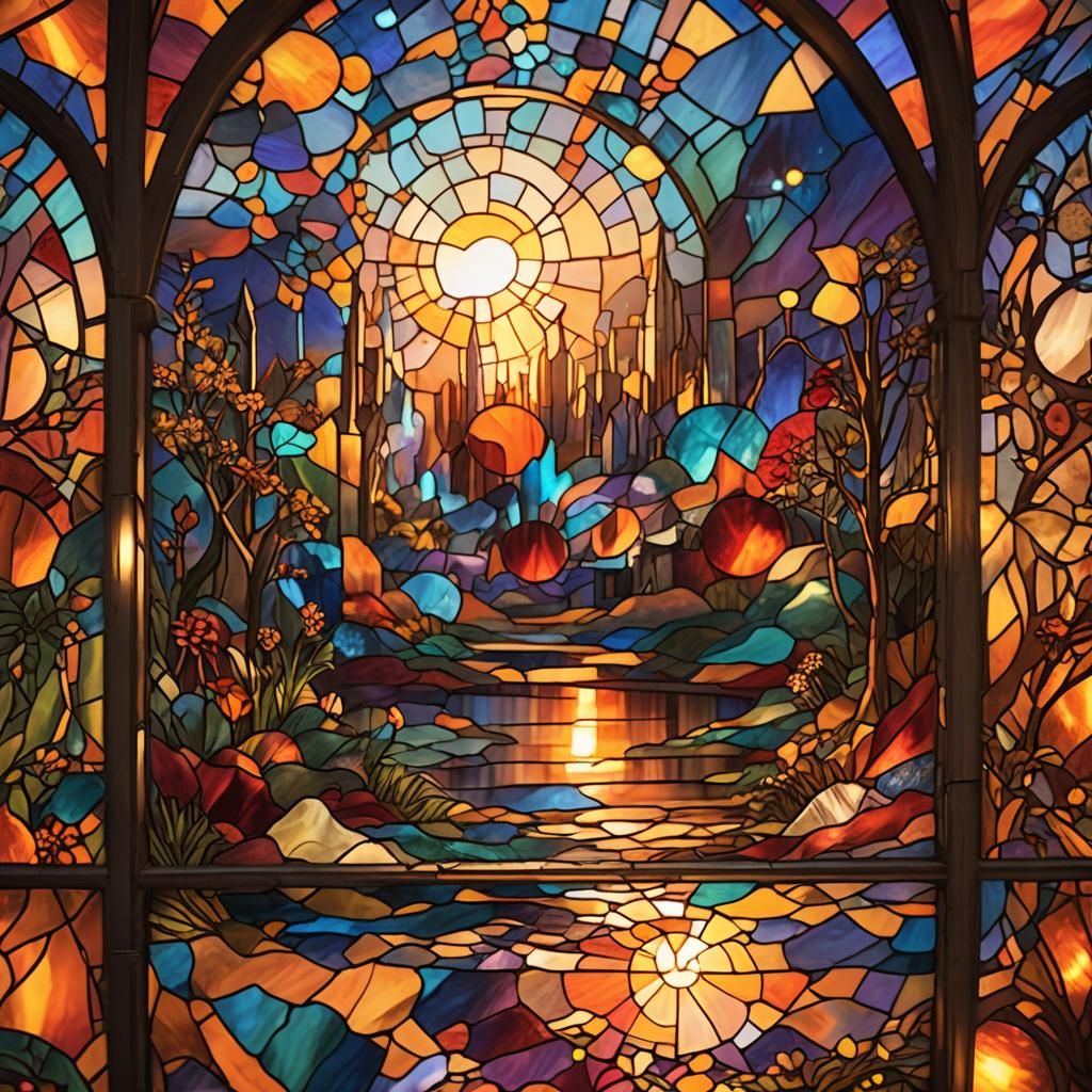 Stained-Glass Sunset in a Fantasy Realm