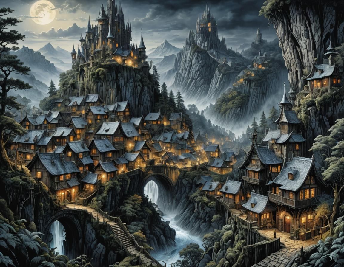 Fairy City on Mountain in Dark Woods: Cosmic Illustration