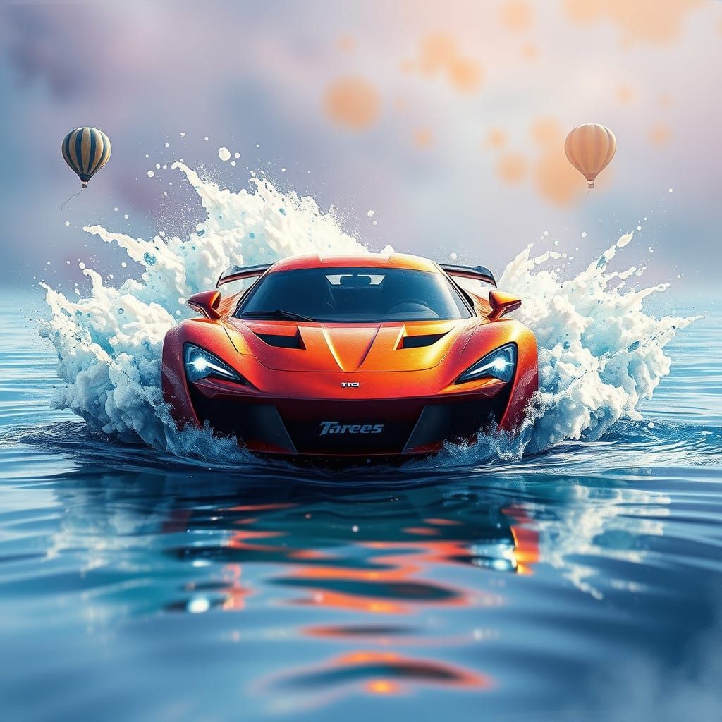 Fantastical Water Splashing Car in Dreamlike Atmosphere, in....