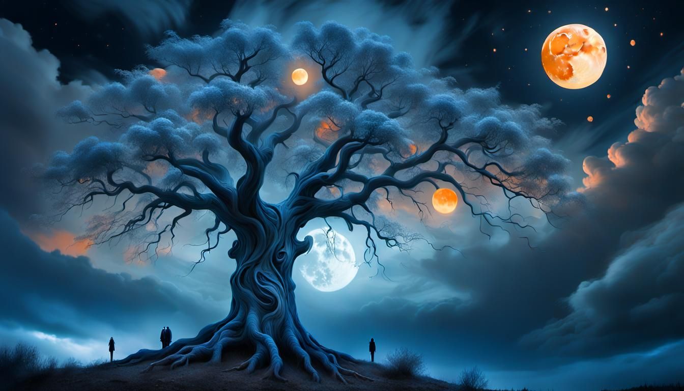 Alien in Surreal Landscape with Orange Moon