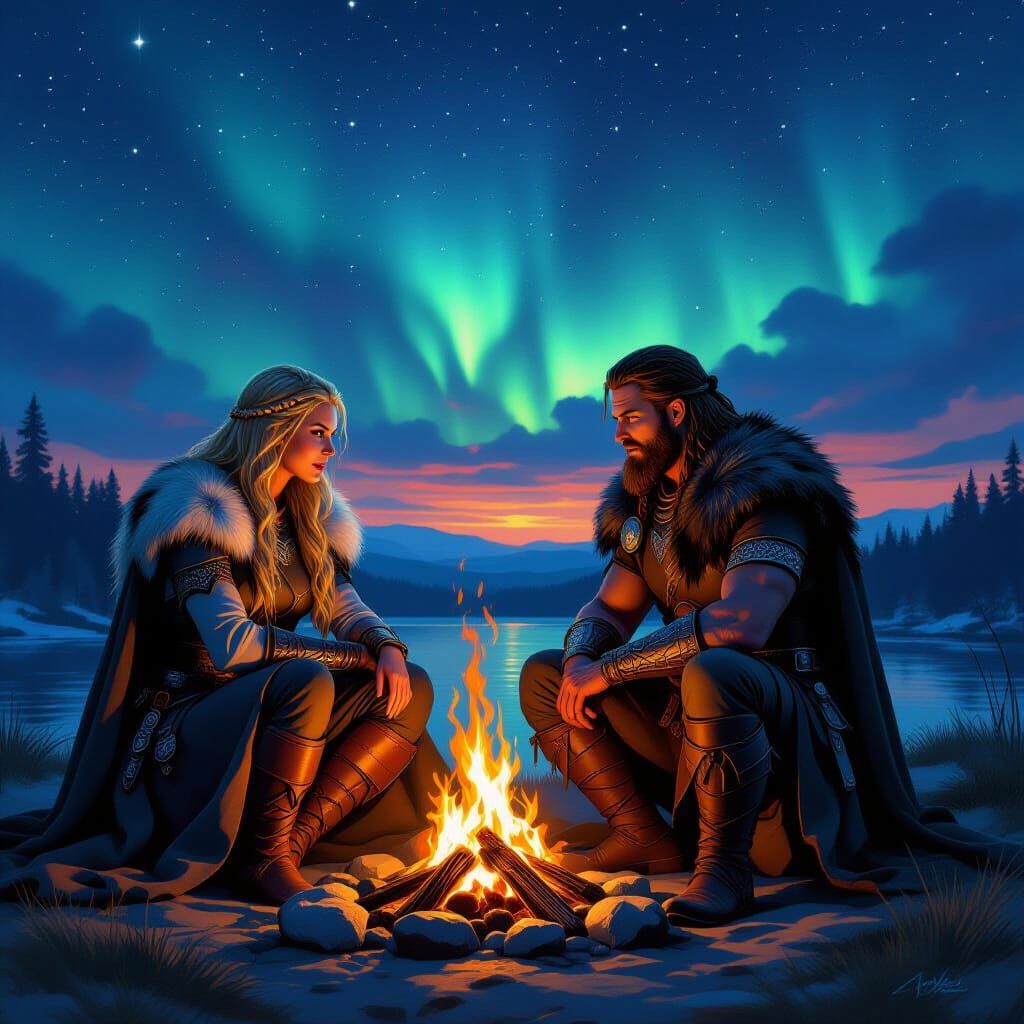 Norse Shieldmaiden and Warrior by Bonfire, Realistic Art