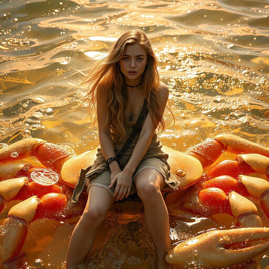 Woman on Gummy Crab in Dreamlike Soda Sea
