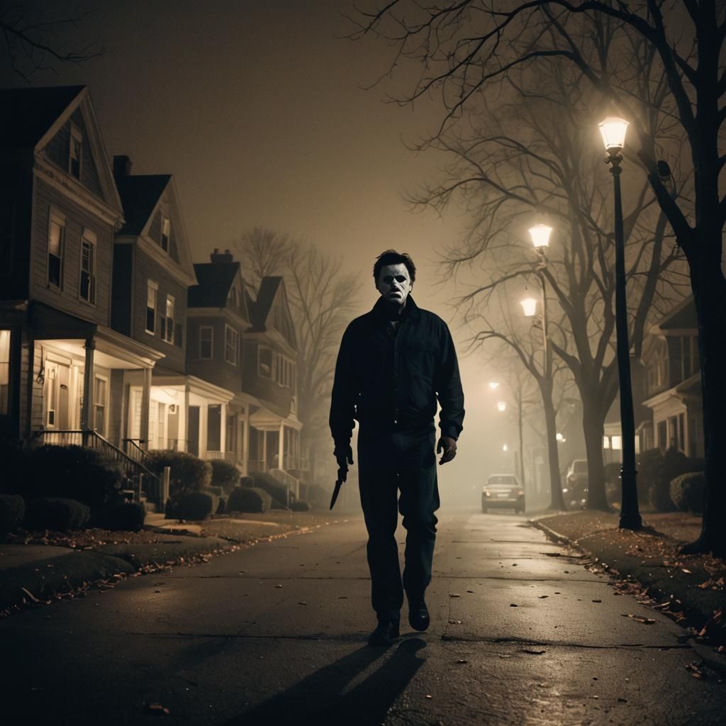 Michael Myers in Haddonfield: 80s Horror Movie Scene
