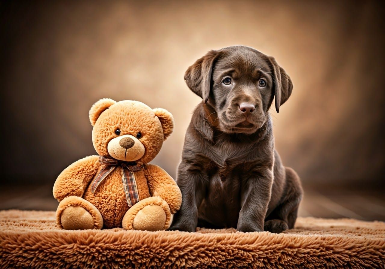 Chocolate Lab Puppy with Teddy Bear, Photorealistic Style