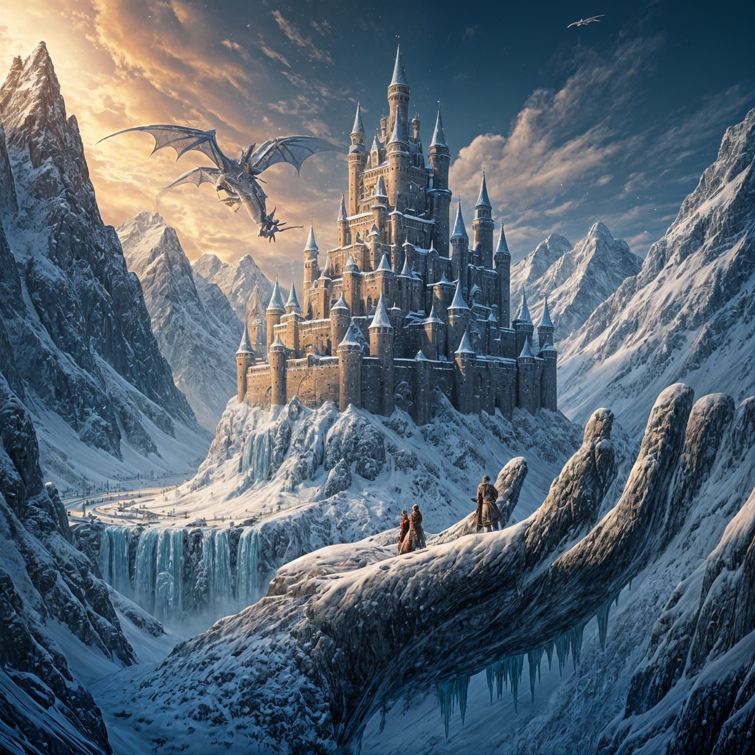 Ethereal Realism: Frozen Castle Beset by Majestic Ice Dragon