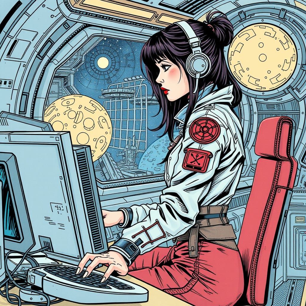Glowing Space Hacker in Moebius-Inspired Sci-Fi Comic Style