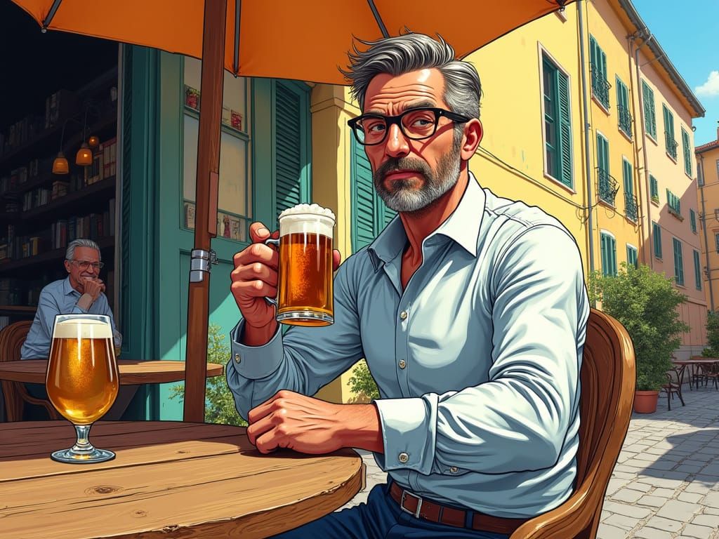 Vintage Comic Book Illustration of Man at Cafe