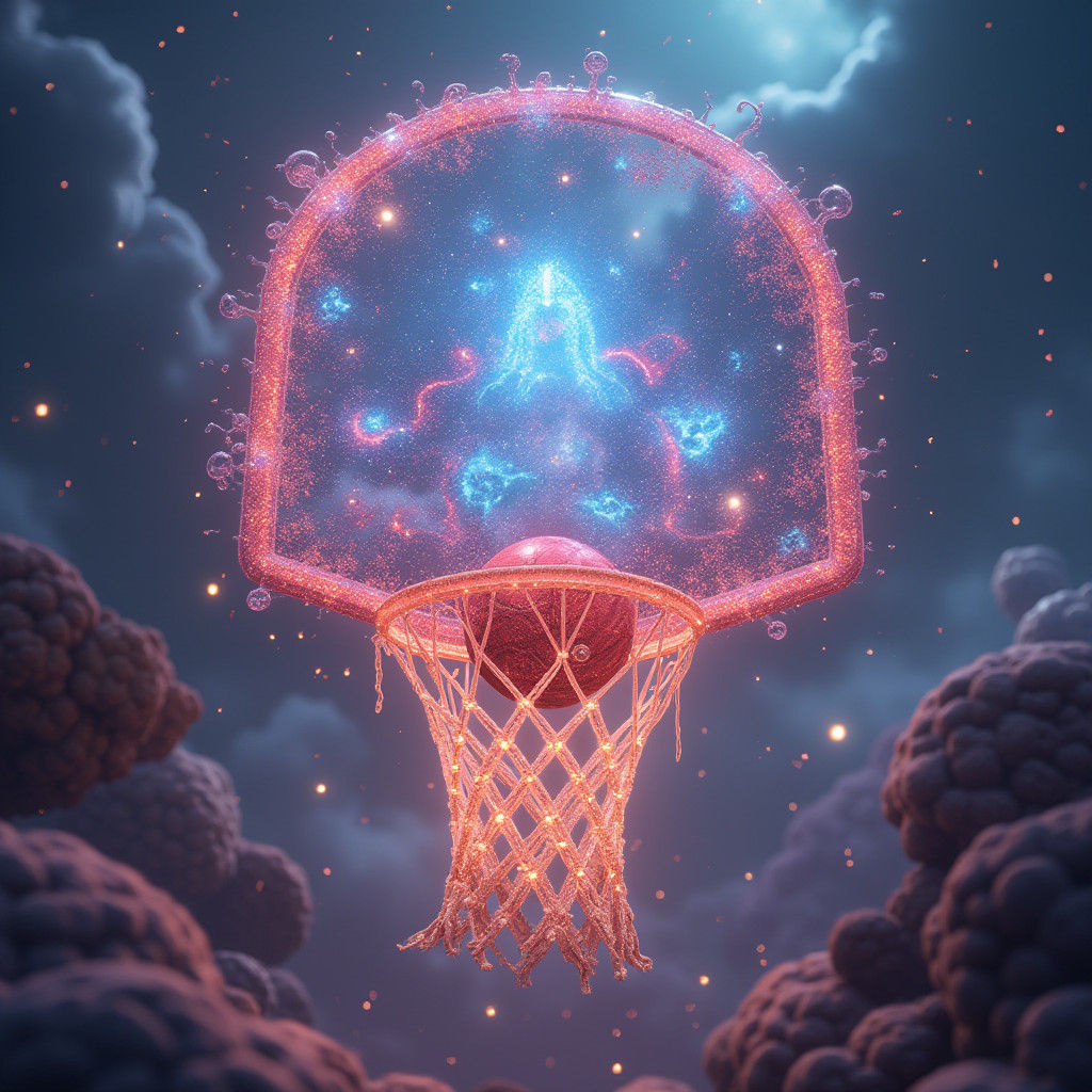Ethereal Flying Basketball Hoop in Fantasy Landscape