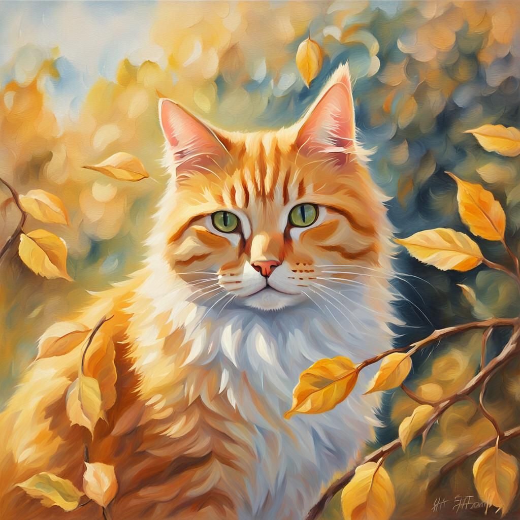Ginger Cat in Impressionist Autumn Landscape