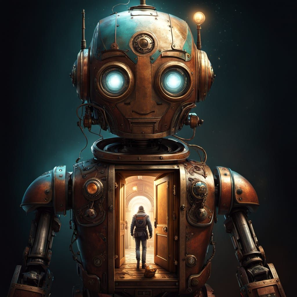 Steampunk Robot Reveals AI Image World
