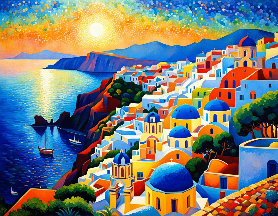 Santorini Coastal Town in Pointillism Style