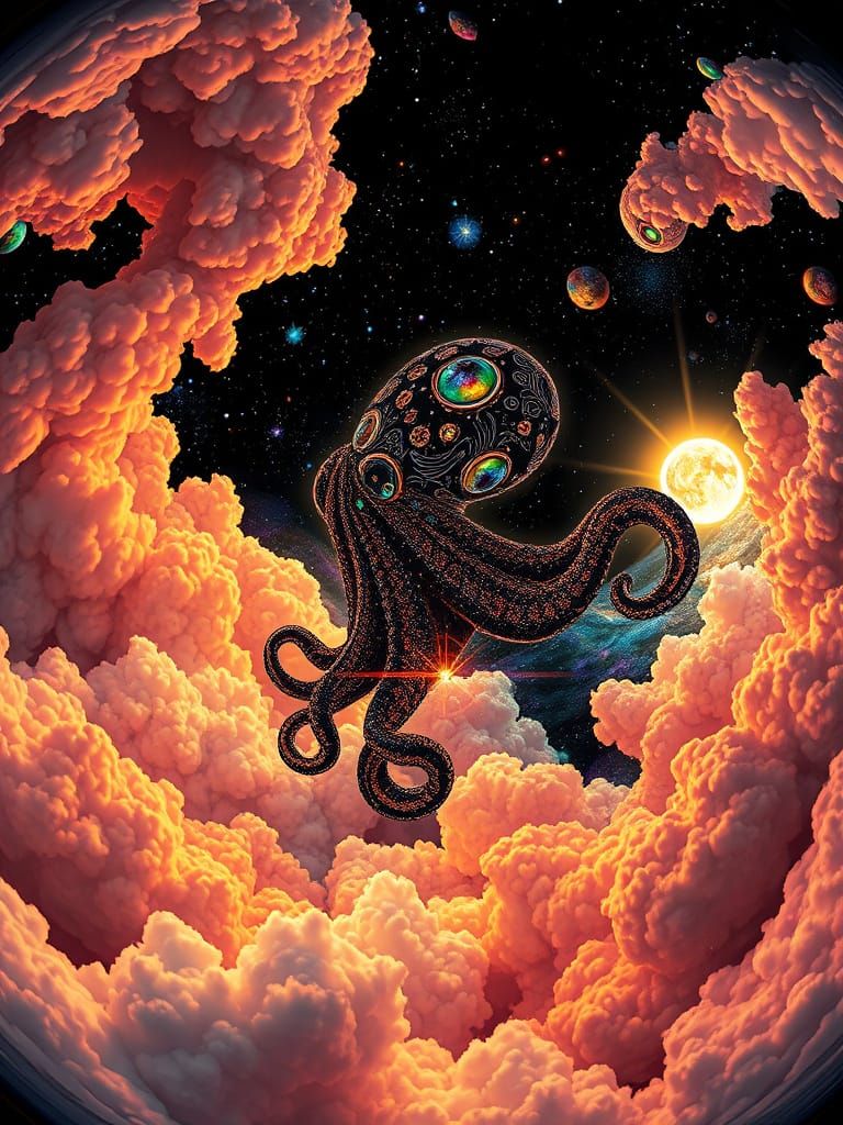 Stained Glass Space Squid in Rainbow Nebula