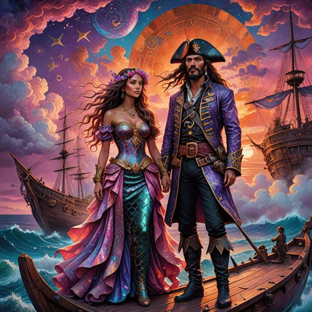 Mermaid and Pirate Captain in Vibrant Sunset Dreamscape