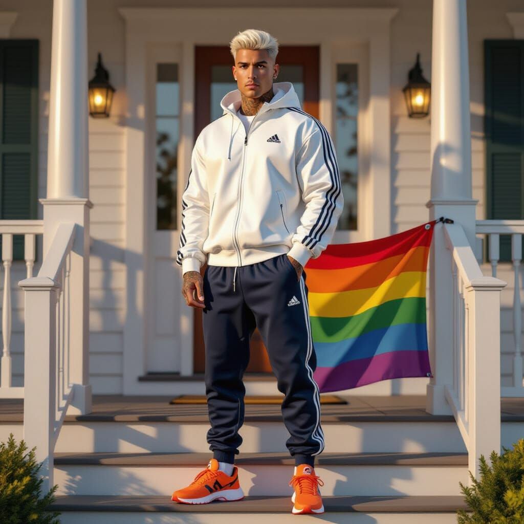 Hyperrealistic Man on Suburban Porch at Sunrise