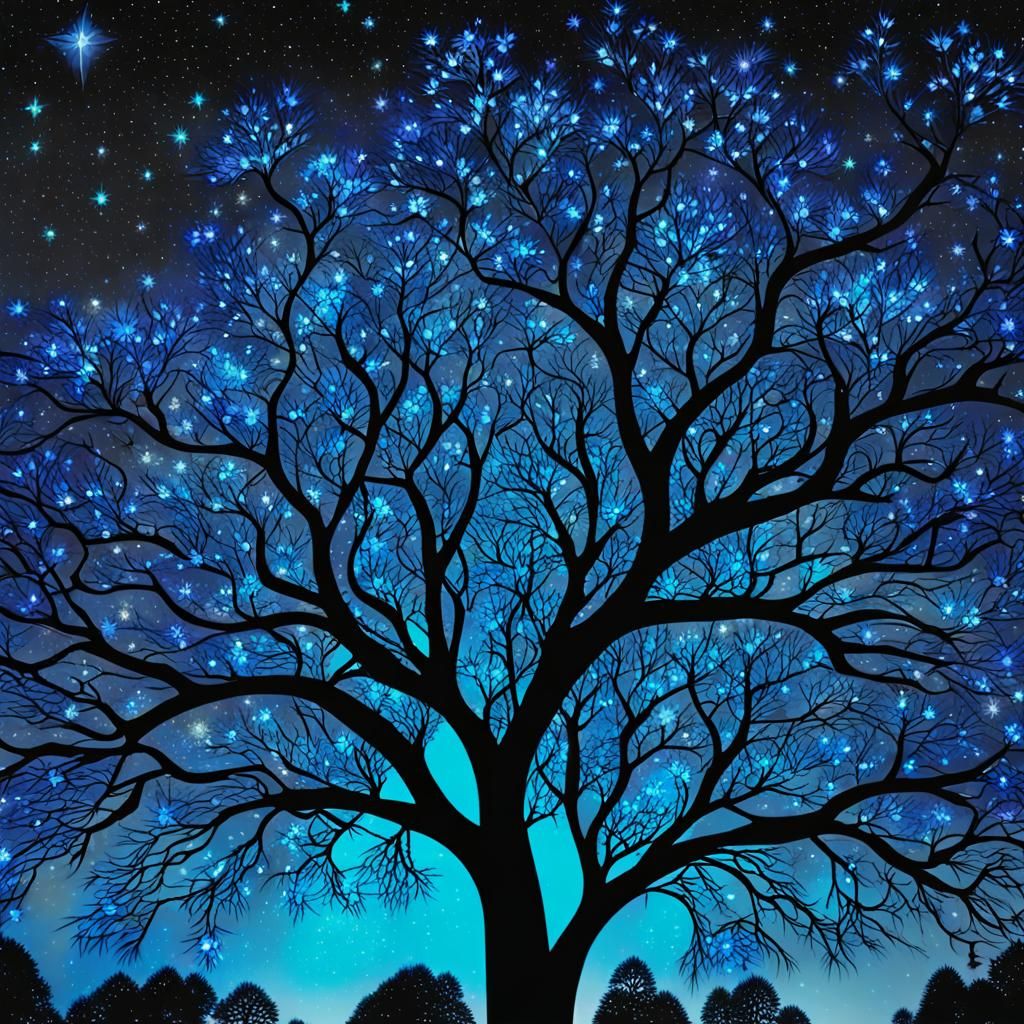 Fairies Dancing Around a Blue Tree at Night