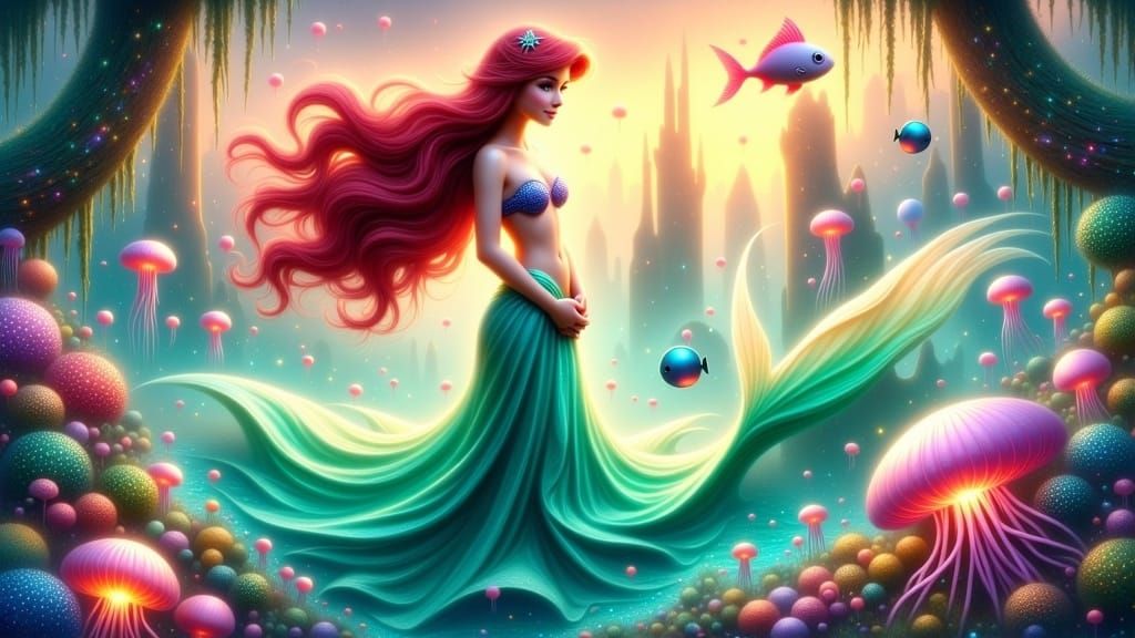 Ariel in Shimmering Underwater Cityscape at Sunset