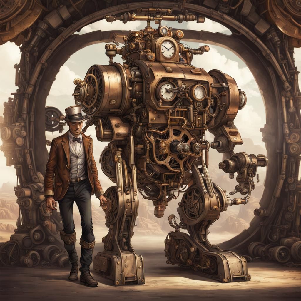Steampunk Mecha Soldier Emerges from Time Machine