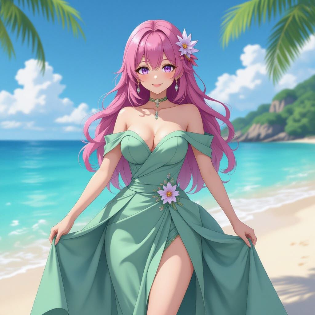 Pink Haired Woman in Haute Couture Gown on Beach