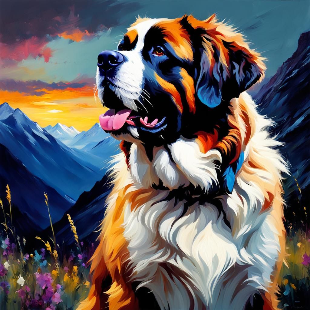 Saint Bernard Dog in Mountain Landscape as Oil Painting