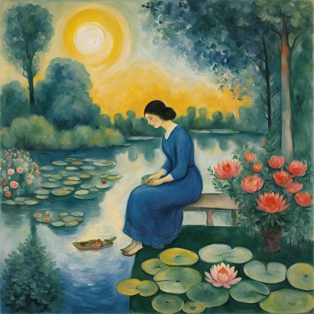 Impressionist Garden Scene with Woman and Pond