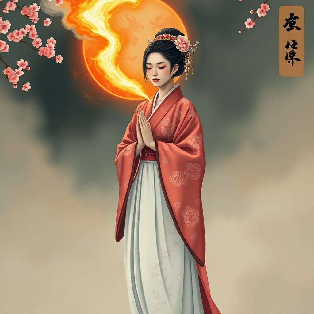 Shinto Priestess in Vibrant Rainbow Aura, Traditional Heian...