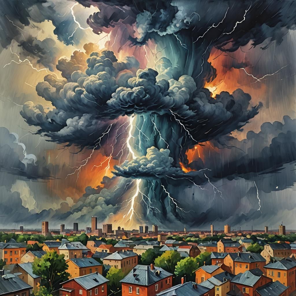 Demonic Thunderstorm Over City as Gouache Painting
