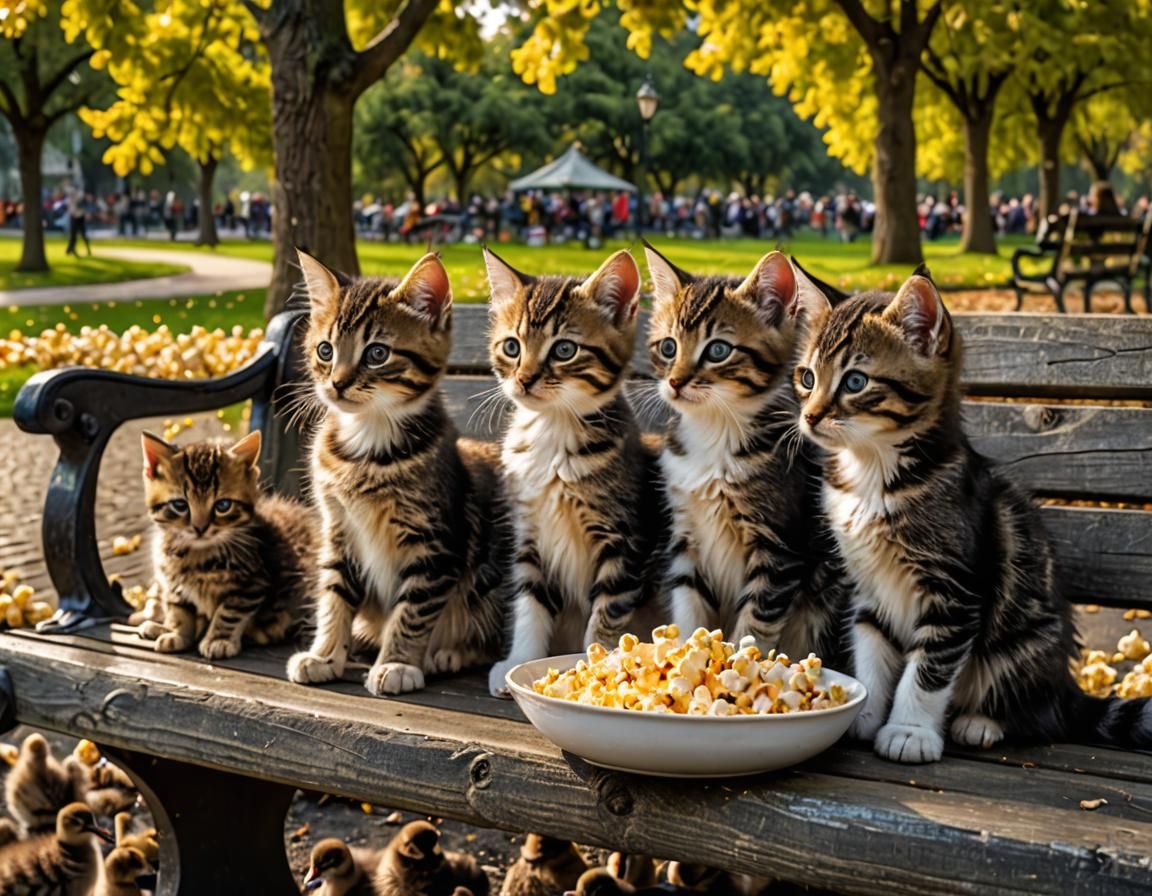 Kittens Feeding Ducks Popcorn in the Park