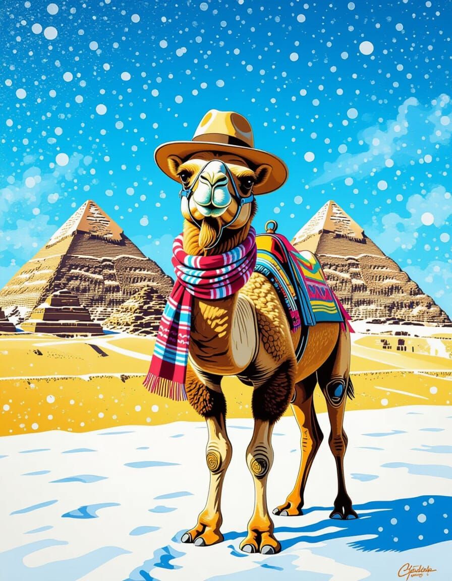 Cute Camel in Snowy Cairo with Pyramids in Comic Style