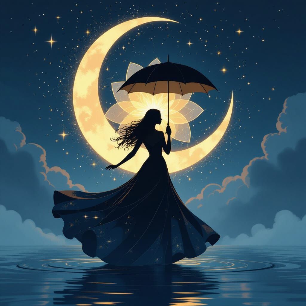 Cosmic Woman with Starry Umbrella in Dark Fantasy Style
