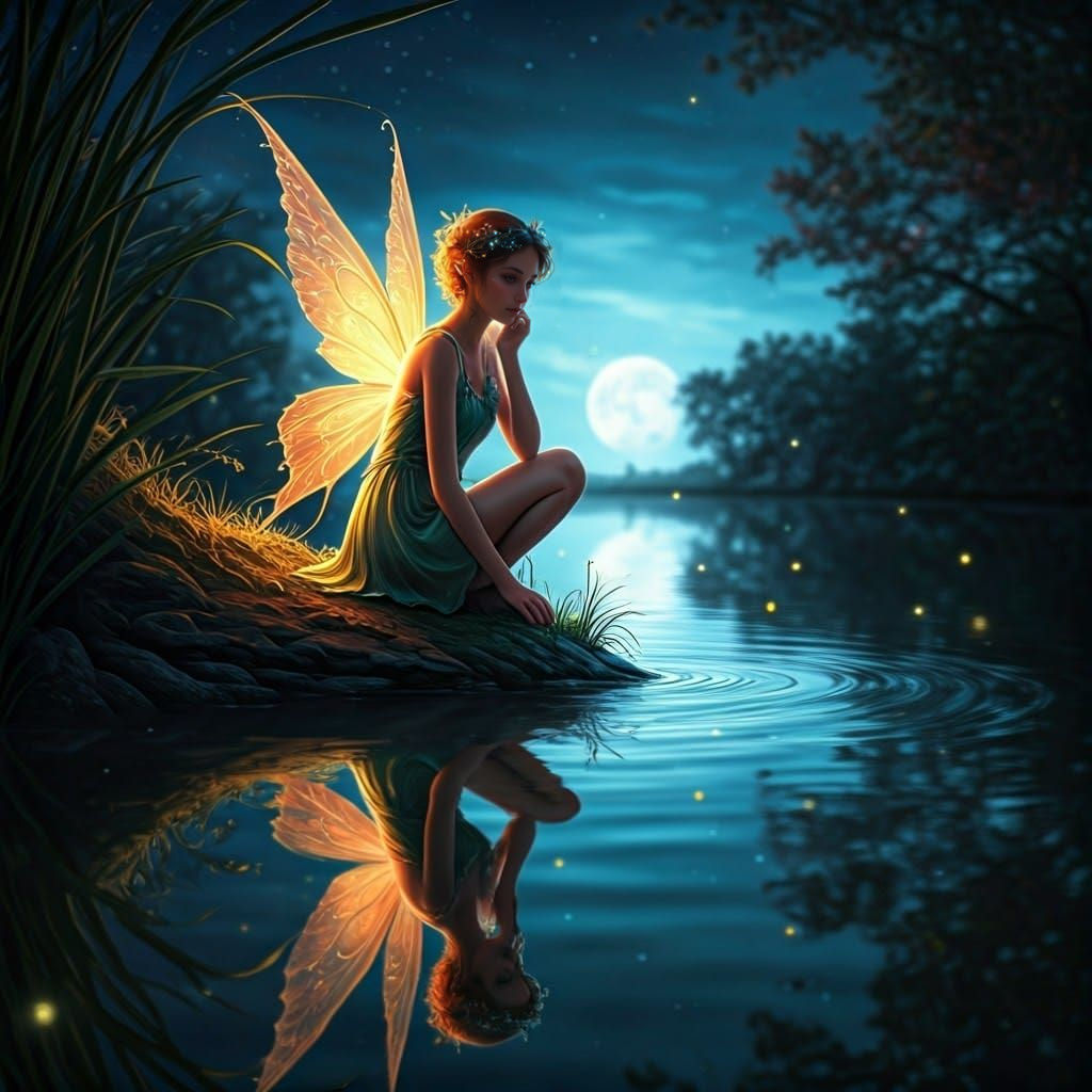 Fairy Contemplates Reflection Under Dreamy Moonlight
