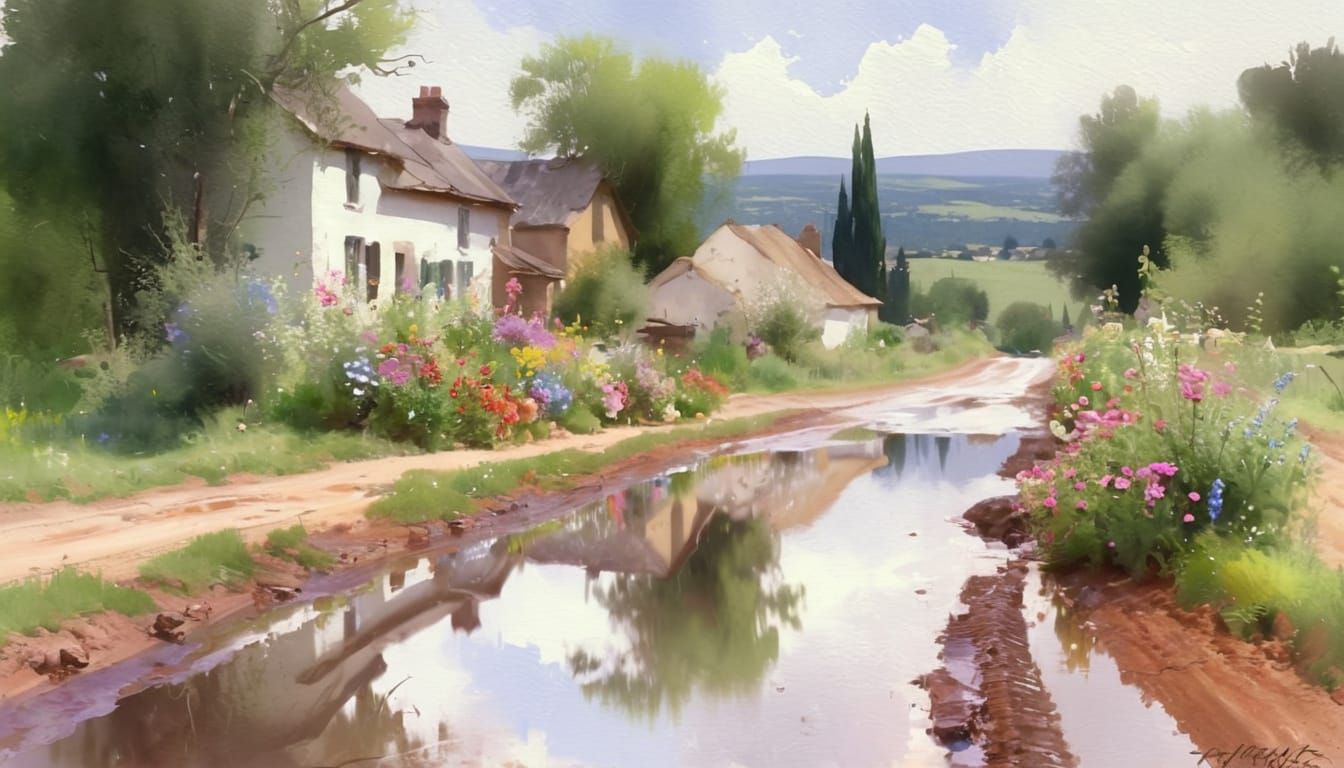 Rural Village After Rain in Watercolor Style