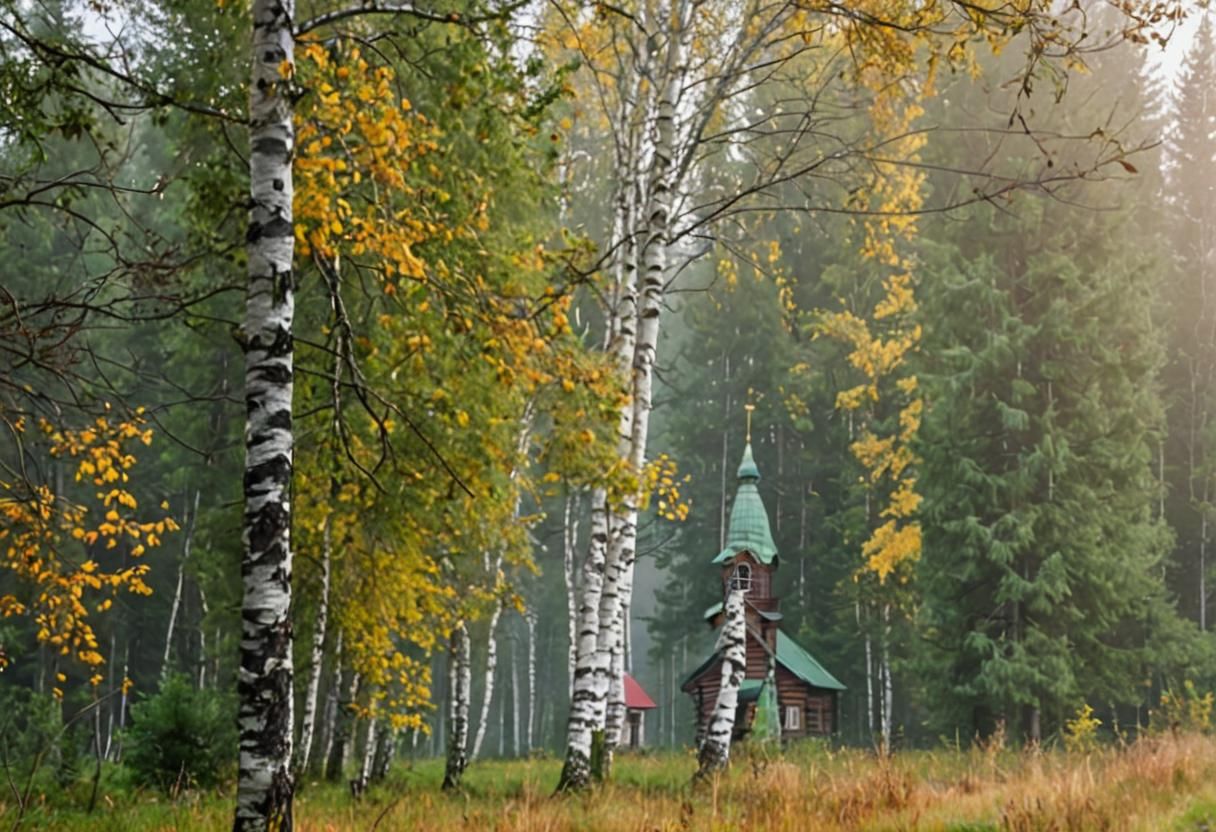 Russian Forest Road Scene with Church